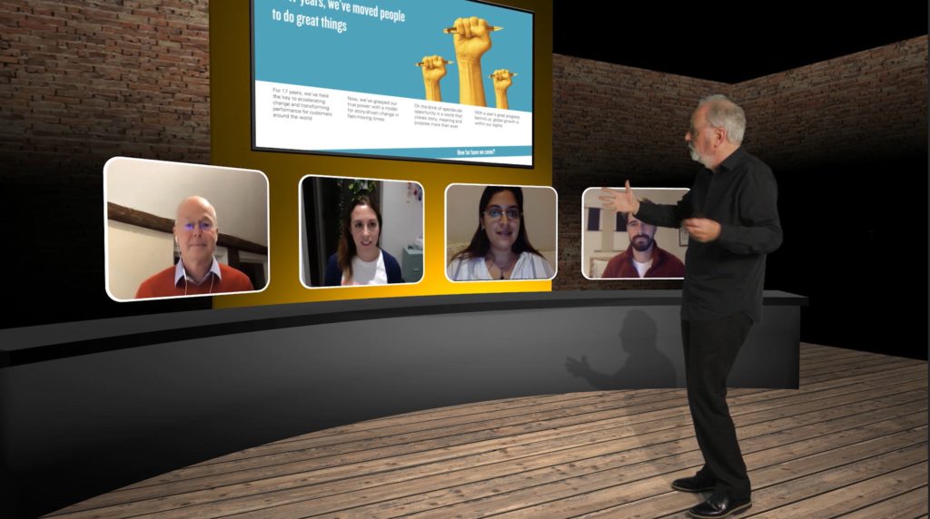 Leader presenting on a virtual stage during a StoryLive event from The Storytellers
